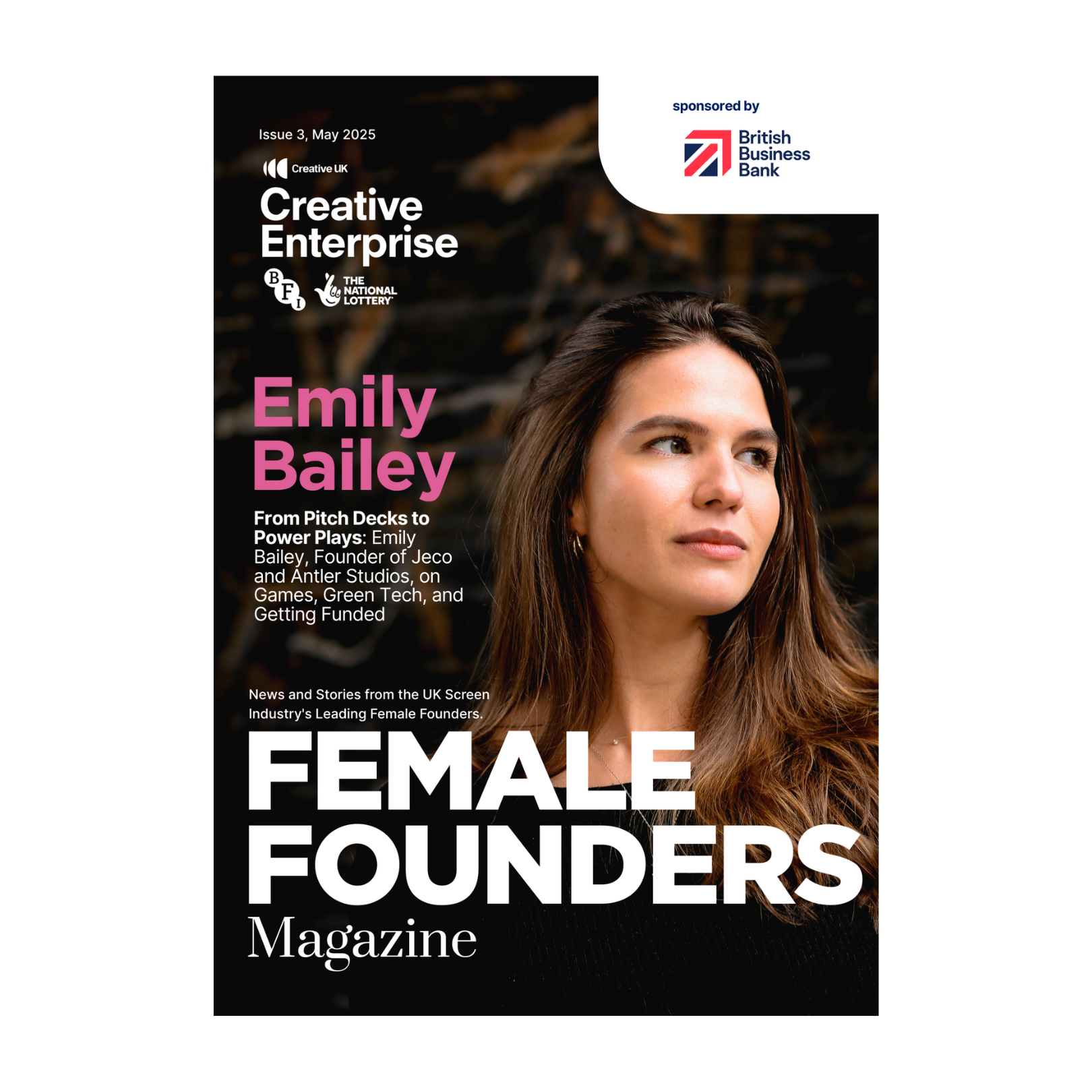 Cover of Female Founders Magazine Issue 3 featuring Emily Bailey, with stories on funding, games, and innovation in the UK screen industry