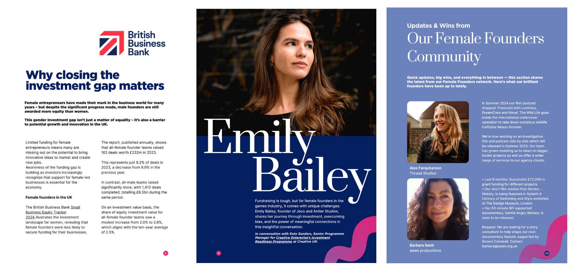 Female Founders Magazine spread featuring an article on the investment gap, a profile on Emily Bailey, and community updates from women-led creative businesses.